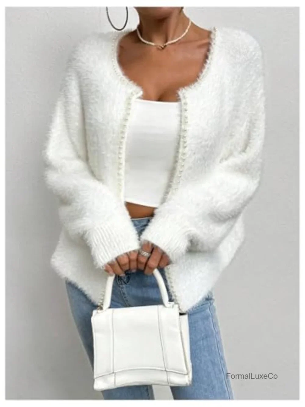 Fuzzy Open Front Cardigan Pearl Beaded Long Sleeve Knit Sweater